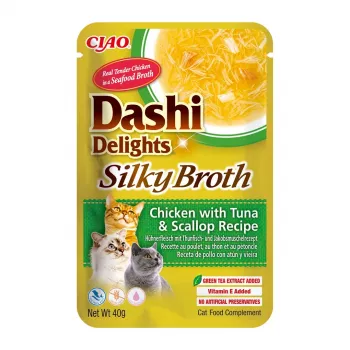 Nasses Katzenleckerli INABA Dashi Delights – Huhn mit Thunfisch & Jakobsmuschel, 40 g Beutel, 93 % Feuchtigkeit, 5,5 % Protein