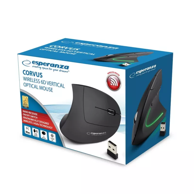Kabellose Maus ESPERANZA EM133 — ergonomisch für Rechtshänder, 1600 DPI, 6 Tasten, 2,4 GHz USB Nano-Empfänger, 10 m Reichweite, schwarz