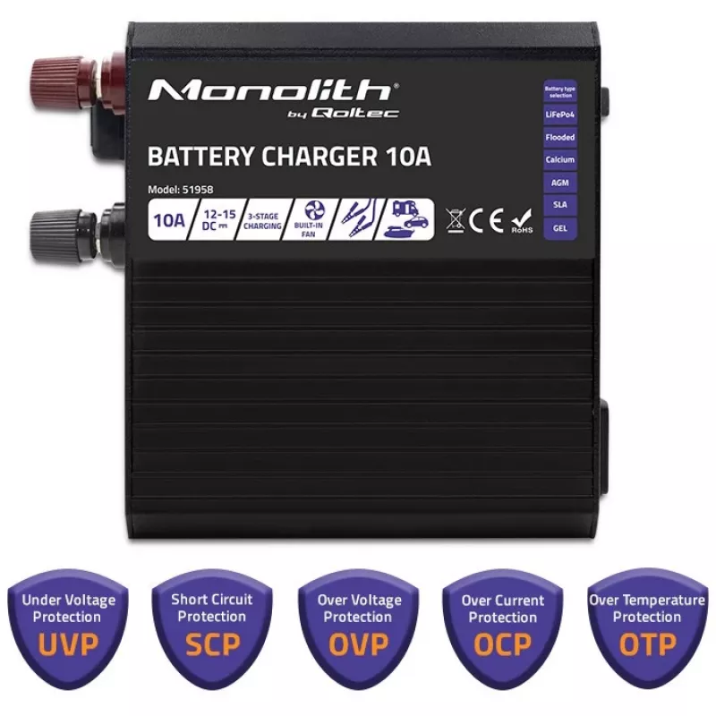 Qoltec Smart Monolith Batterieladegerät für LiFePO4 AGM GEL SLA-Batterien | 10A | 12V