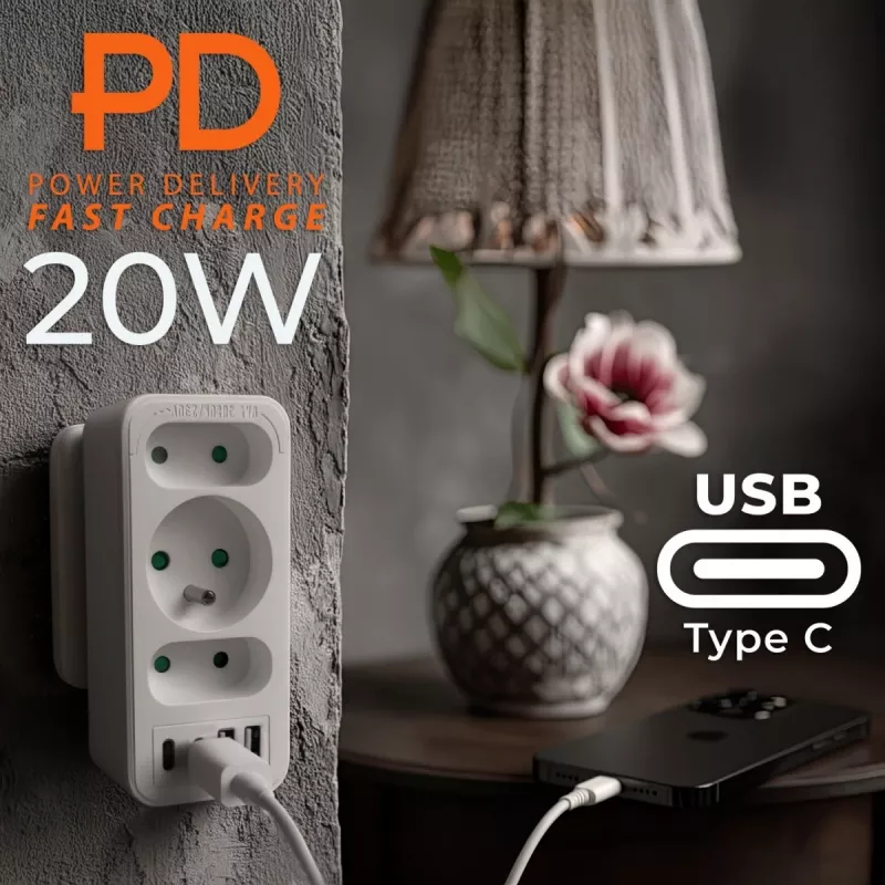 Power-Splitter MACLEAN MCE248 F/W — 3 AC-Steckdosen (1×16A, 2×6A) + 4×USB (2×A, 2×C PD 20W), EU-Stecker, weiß