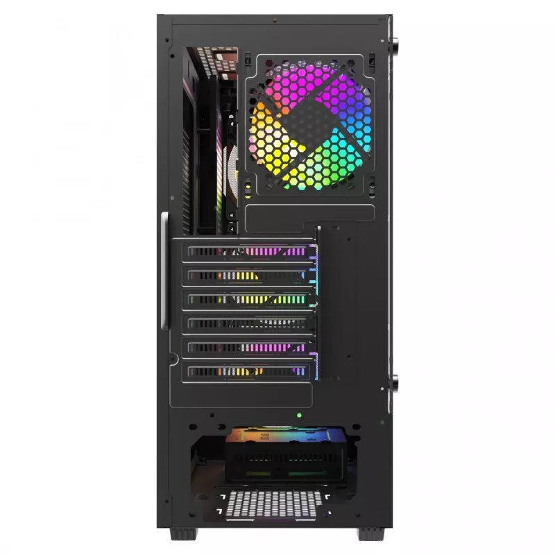 PC-Gehäuse SAVIO Noctis Flow RGB — Cube, ATX/Mini-ITX, 3x 120 mm Frontlüfter, Seitenfenster aus gehärtetem Glas, max. GPU 35 cm