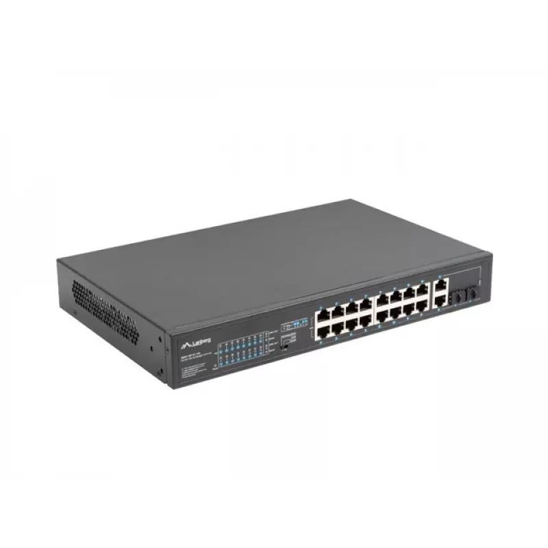 Unmanaged Switch LANBERG RSFE-16P-2C-150 — 18-Port Gigabit, 16 PoE+/2 SFP, 150 W gesamt, 1U Rack, Metall, Schwarz