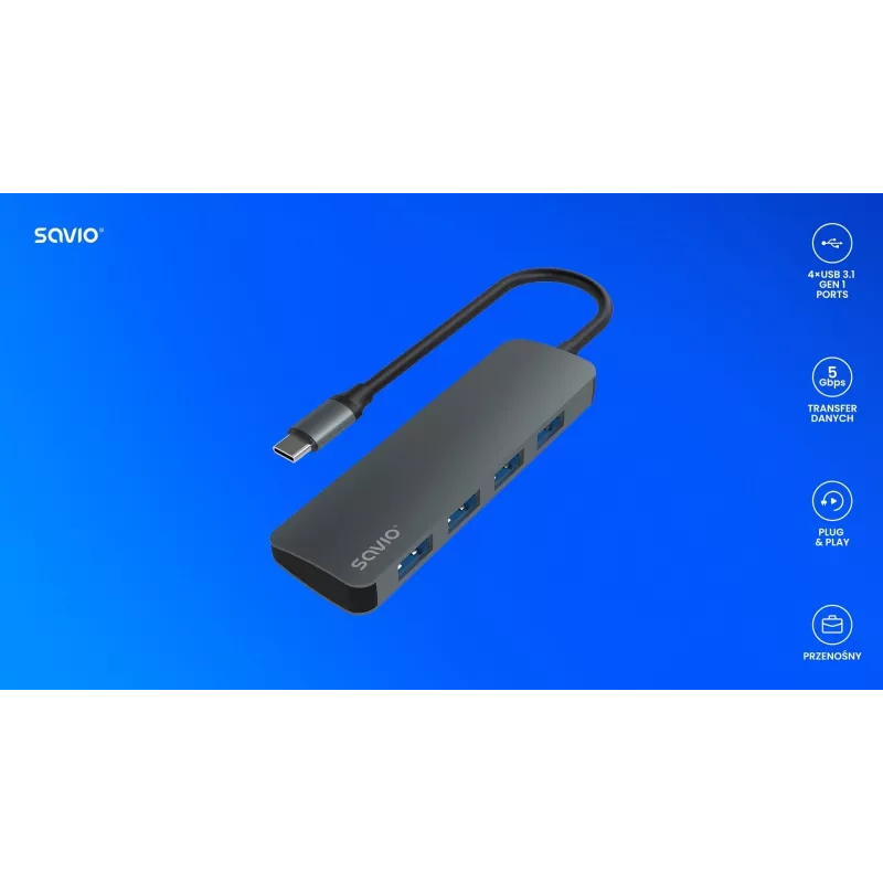 USB-Hub SAVIO AK-54 — 4 x USB-A (USB 3.2 Gen 1), USB-C-Host, schwarz