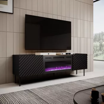 TV-Schrank Cama Meble ONDA mit elektrischem Kamin 1805×400×580 mm, schwarz, Spanplatten-Oberfläche (stehend oder wandmontiert)