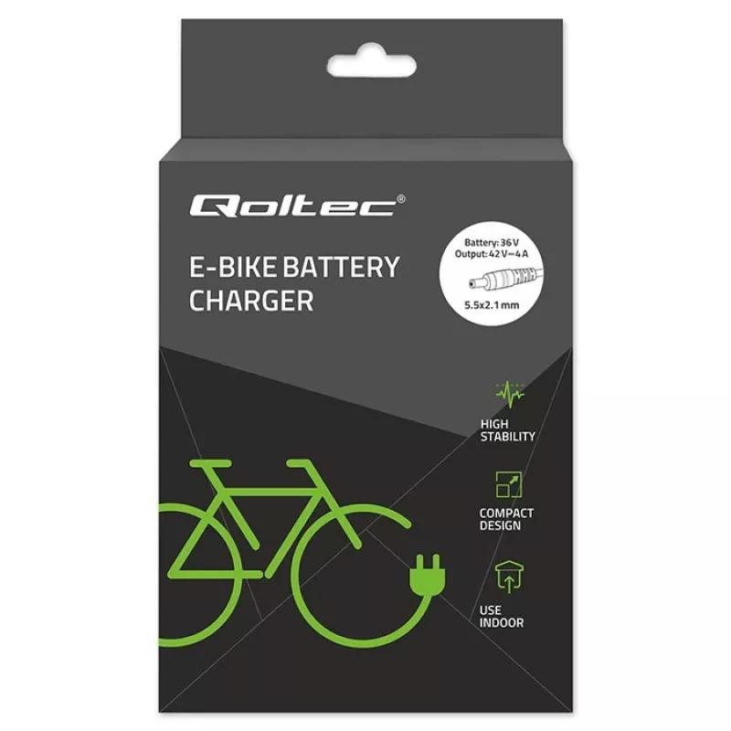 Ladegerät QOLTEC 36V–42V 4A für E-Bike, DC-Stecker 5,5×2,1 mm