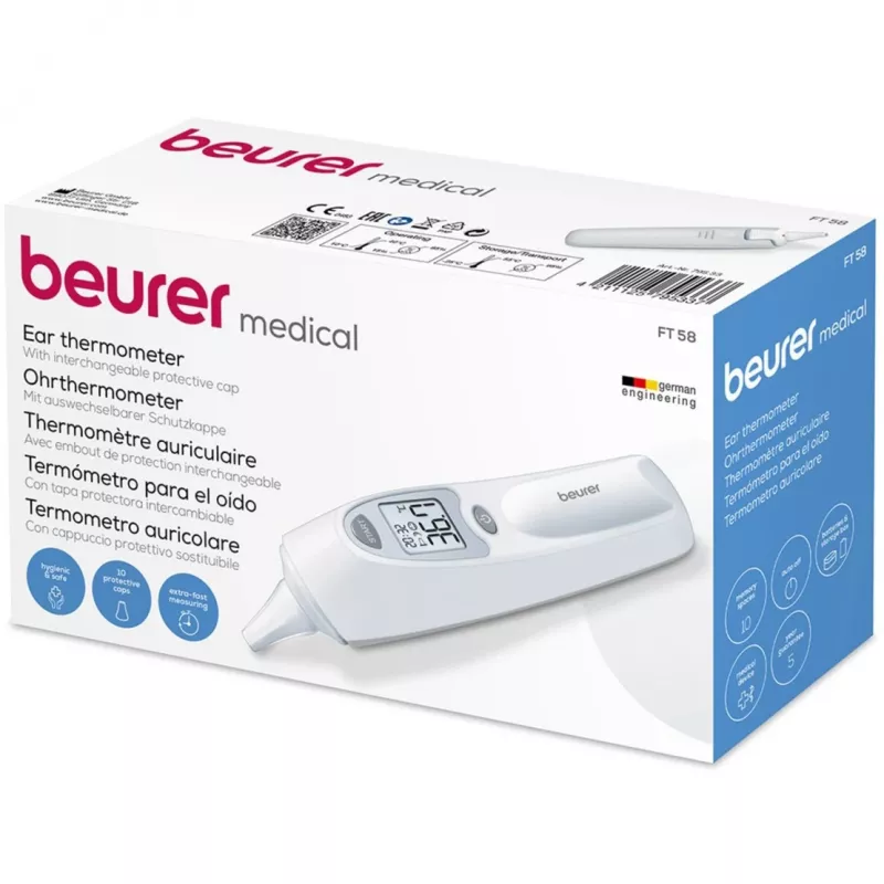 Kontakt-Ohrthermometer Beurer FT58 — Weiß, Kontaktmessung, Speicher, °C/°F, AAA-Batterie