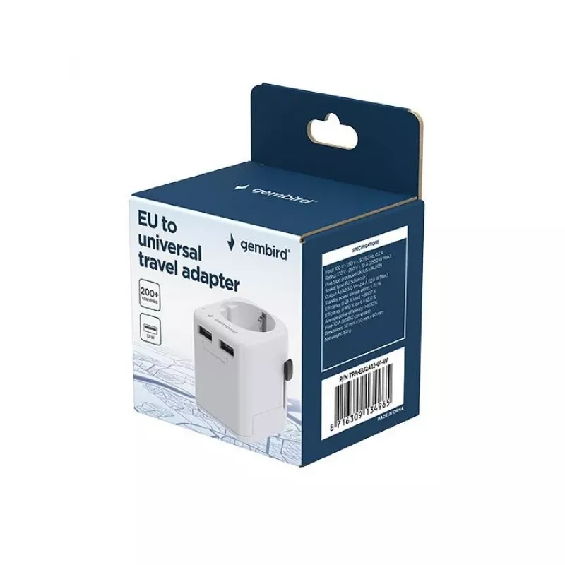 Universal-Reiseadapter GEMBIRD TPA-EU2A12-01-W 12W USB-Netzteil für internationale Steckdosen