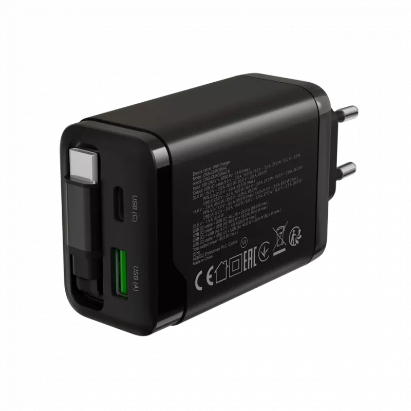 Ladegerät CANYON OnCharge 65RC mit integriertem USB-C-Kabel, 65 W, 1x PD, 1x QC, EU-Stecker, Schwarz