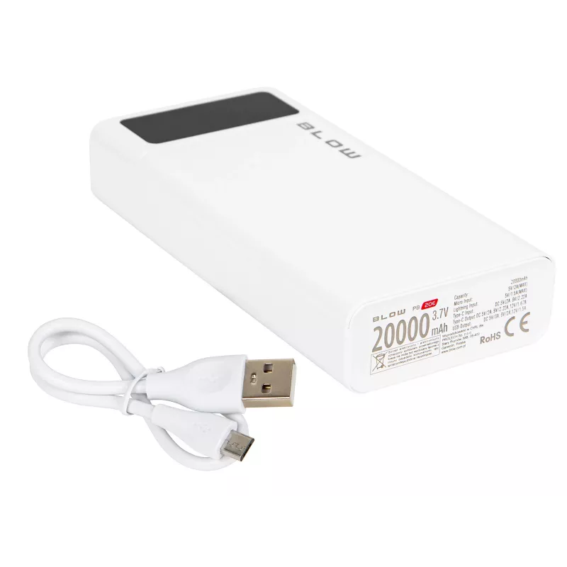 Tragbare Powerbank BLOW PB20E 20000mAh QC+PD 20W mit USB-C, 2× USB-A, Lightning-Eingang, Polymer-Akku