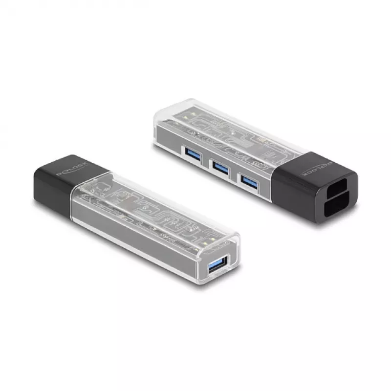 DELOCK USB 3.2 Gen 1 (3.1 Gen 1) 4-Port Hub mit Typ-A + Typ-C Host (5000 Mbit/s) Schwarz/Transparent