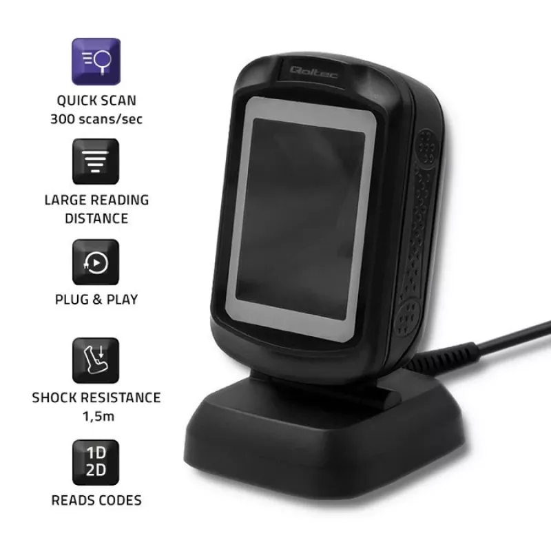 Fester 1D/2D-Barcodeleser QOLTEC 50864, LED-Sensor, USB (kabelgebunden), schwarz, 145×85×80 mm