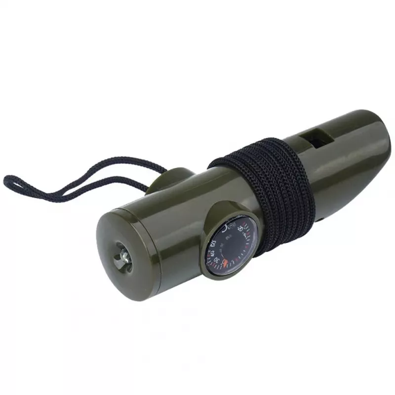 Multifunktionale Survival-Pfeife Mil-Tec SP.22073 — 6-in-1 oliv, Kompass, Thermometer, Spiegel, Lupe, Licht, 100×35×30 mm