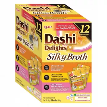 Nassfutter für Katzen INABA Dashi Delights Silky Broth Mischung aus Huhn und Lachs, 12 x 40 g Beutel, Alleinfuttermittel für ausgewachsene Katzen