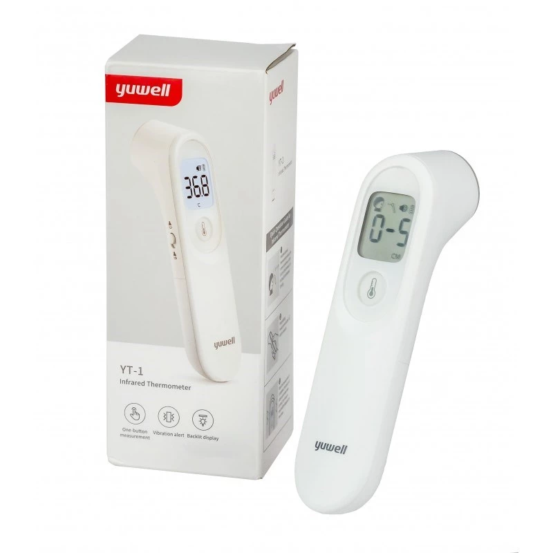Berührungsloses Infrarot-Thermometer Yuwell YT-1 — Stirn, Bereich 32–43 °C, Genauigkeit ±0,3 °C, Tastensteuerung, Alarm, AAA-Batterien