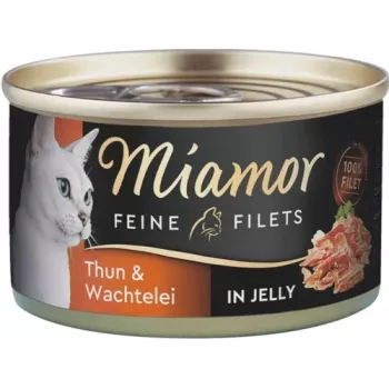 Nassfutter für Katzen Miamor Feine Filets 100 g — Wachtel & Thunfisch, ausgewachsene Katzen, leicht zu öffnende Dose