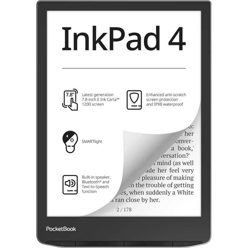 PocketBook InkPad 4 - 19,8 cm (7.8) - E Ink Carta - 1404 x 1872 Pixel - ACSM - AZW - AZW3 - CBR - CBZ - CHM - DOC - DOCX - DjVu - EPUB - EPUB DRM - FB2 - FB2.ZIP - HTM - HTML - MOB