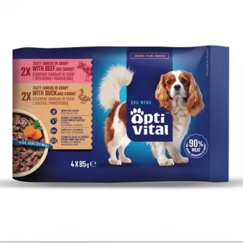 OptiVital Beutel – Alleinfuttermittel für ausgewachsene Hunde Ente/Rind 4x85g