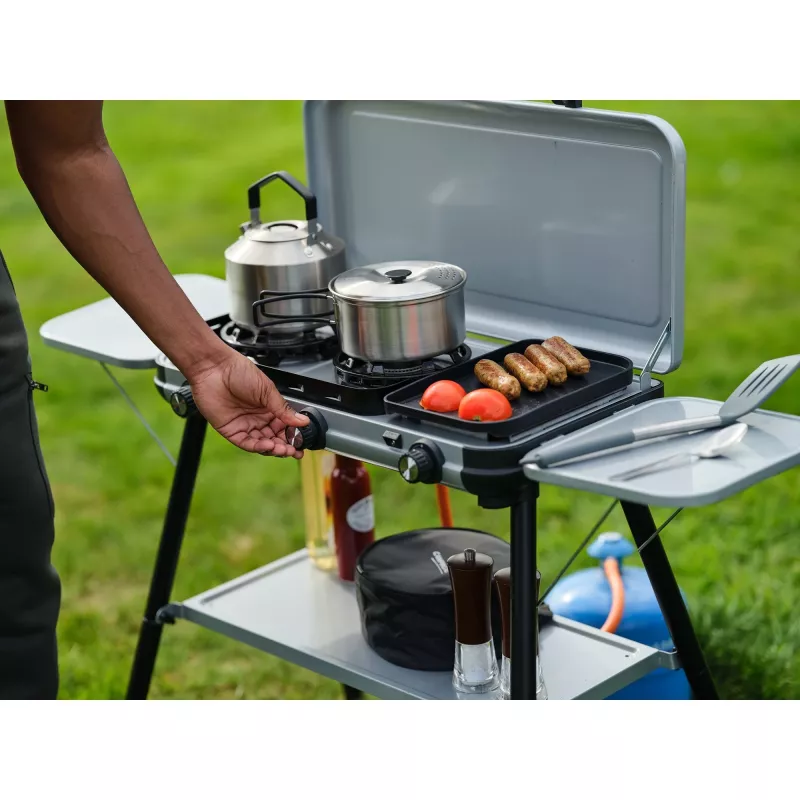 Camping Kitchen 2 Multi Cook Plus, Gaskocher Grau, 2 Kochzonen 2x 1,8 kW + Grillplatte 0,9 kW, Modell 2025