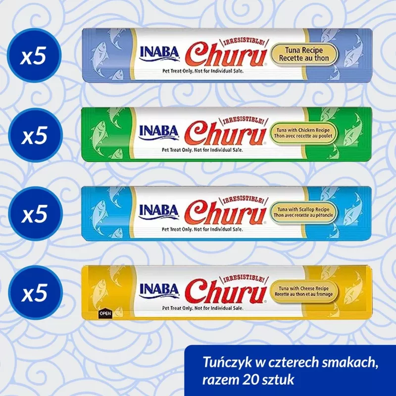 Feuchte Katzenleckerlis INABA Churu Sortimentsbox — Thunfisch, 20 x 14 g Beutel, Paste, Feuchtigkeit 88 %, Protein 8,5 %
