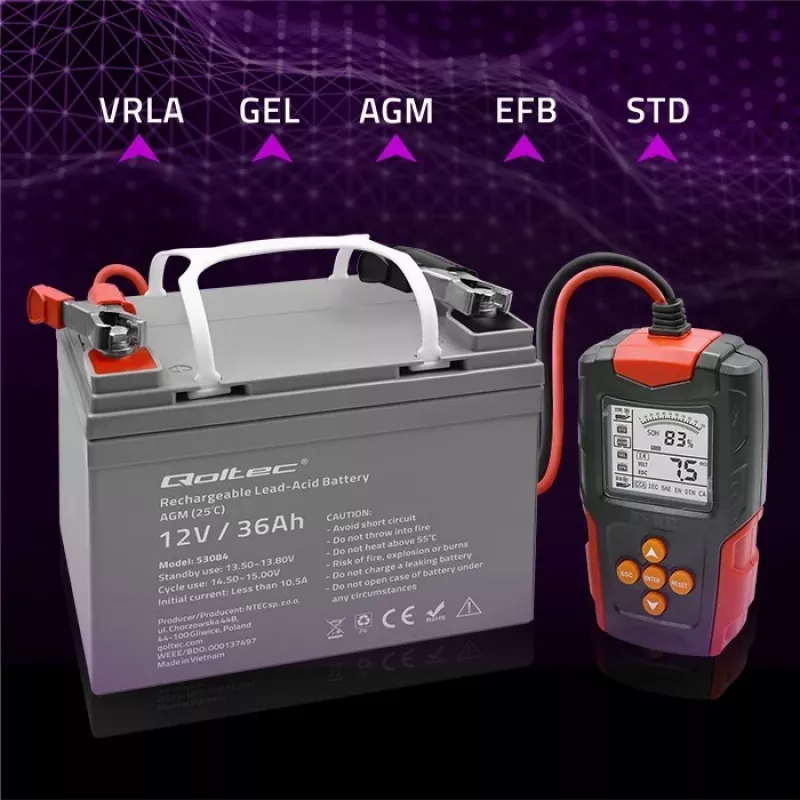 Qoltec 52484 LCD digitaler Batterietester | 12V | 24V | 3Ah-200Ah
