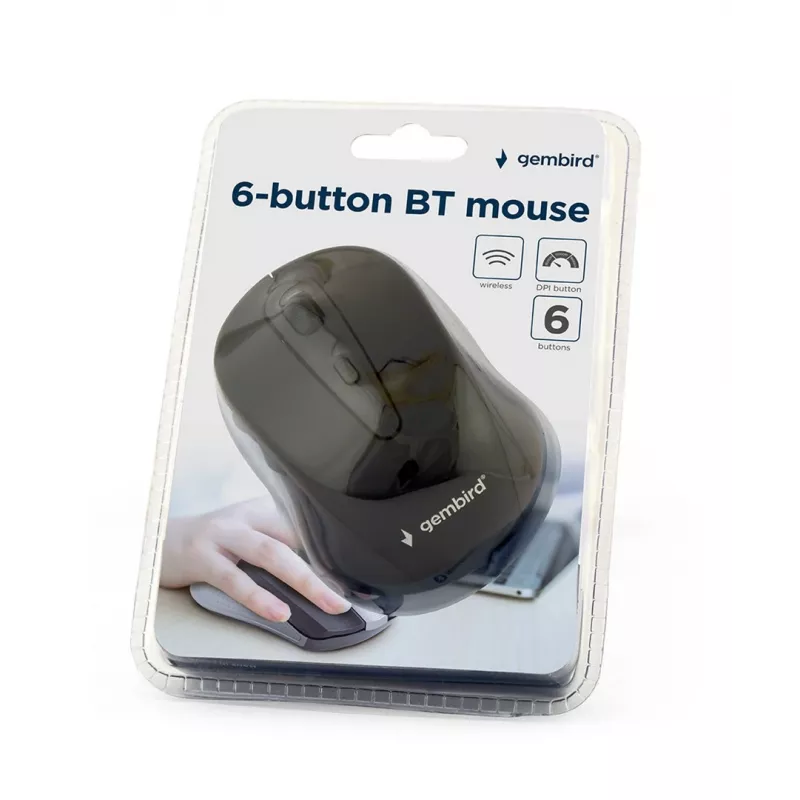 Kabellose optische Bluetooth-Maus GEMBIRD MUSWB2 — für Rechtshänder, 1600 DPI, 6 Tasten, schwarz/grau, AAA-Batterien