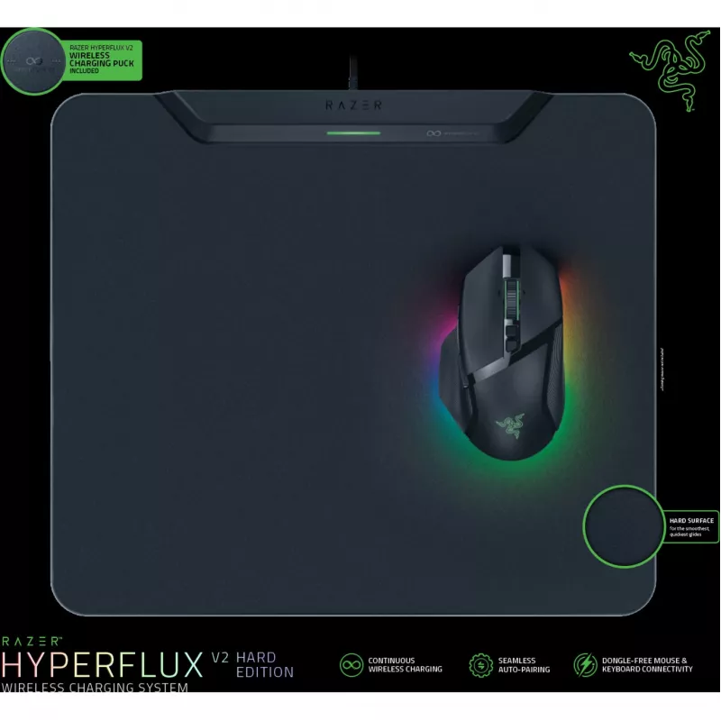 Razer | Kabelloses Gaming-Mauspad mit Lade-Puck, Hard Edition | HyperFlux V2 Wireless Charging System | Gaming-Mauspad | 360 x 311 mm | Schwarz