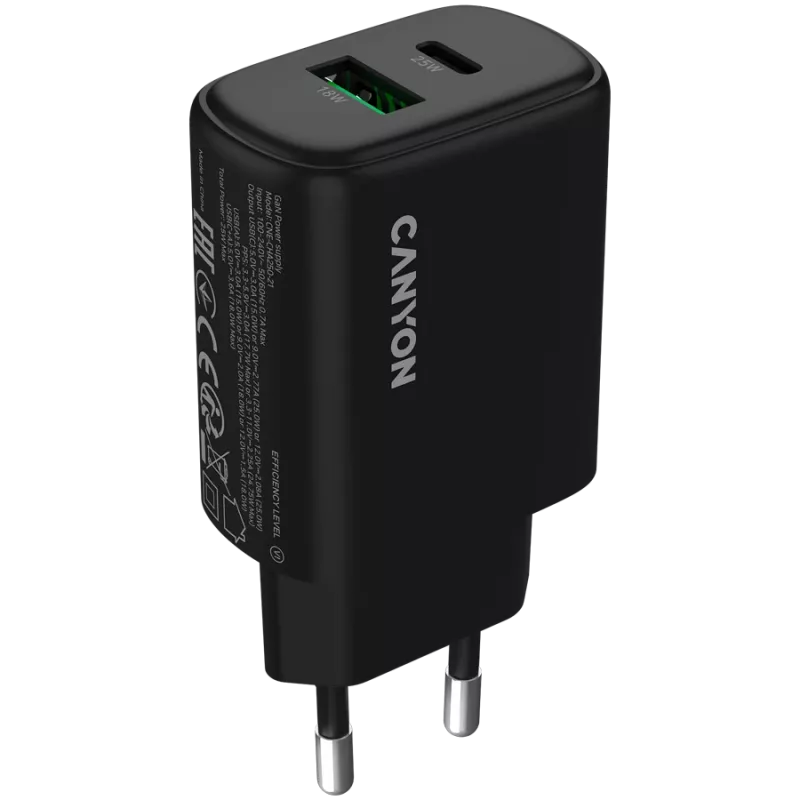 CANYON Ladegerät OnCharge 250 25W 1xPD 1xQC EU Schwarz