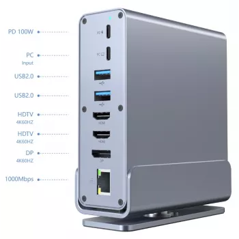Gembird 15-in-1 USB Type-C Multiport-Adapter A-CF-COMBO15-01 — USB 3.2 Gen 2, 4× Type-C, 2× HDMI, DisplayPort, PD 3.0, SD-Kartenleser, Gigabit-LAN, 3,5 mm Audio, grau