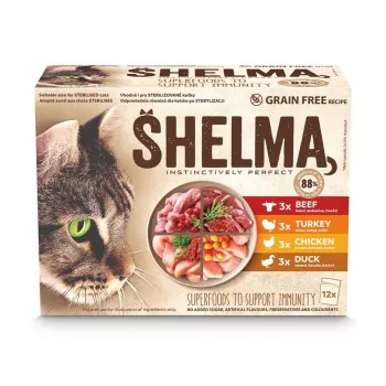 SHELMA mit Truthahn, Ente, Huhn und Rind in Sauce - Nassfutter für Katzen - 12x85g