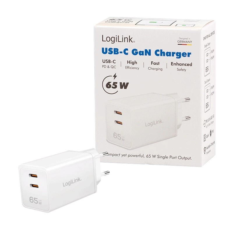 Dualer USB-Steckdosenadapter 65W, 2xUSB-C, weiß