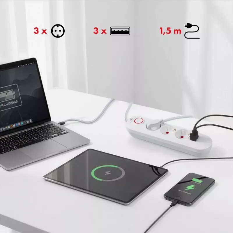 Steckdosenleiste MACLEAN MCE394W — 3 Steckdosen, 3×USB 2,1A, 110–240V AC, 2500W, 1,5 m Kabel, weiß