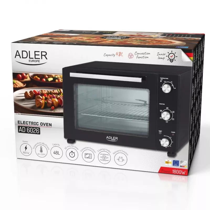 Elektrischer kompakter Tischbackofen Adler AD 6026 – 48 l Fassungsvermögen, 1800 W, freistehend, mechanischer Timer