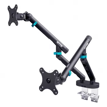 Monitorhalterung DIGITUS Dual-Design für 2 × 35-Zoll-Bildschirme, Klemme, 2 × 10 kg, VESA 75×75–100×100, Neigung -45–90°