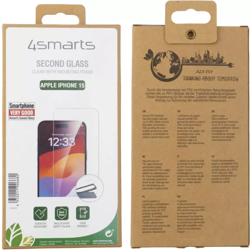 Bildschirmschutz 4smarts 540595 für Apple iPhone 15 kugelsicheres gehärtetes Glas