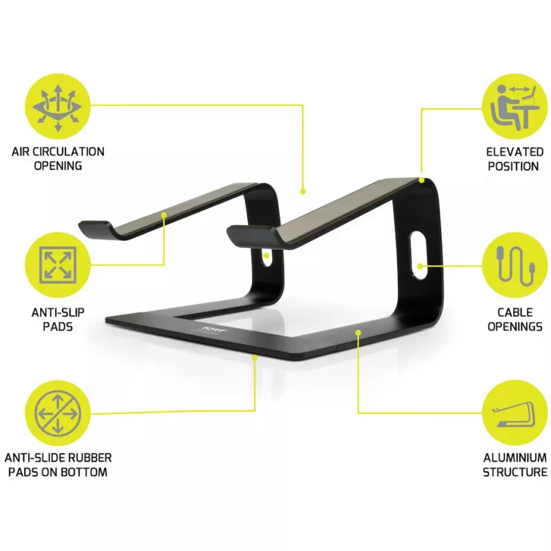 Laptopständer Port Designs 901103 — Aluminium und Schwarz, für Laptops bis 15,6 Zoll, Breite 260 mm, Tiefe 145 mm, Höhe 225 mm