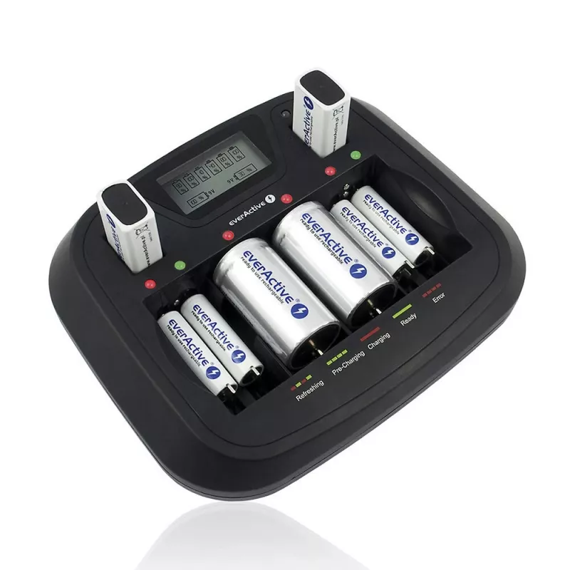 Batterieladegerät everActive NC-900U Universal DC — lädt AA, AAA, C, D, 9V, bis zu 6 Zellen, schwarz