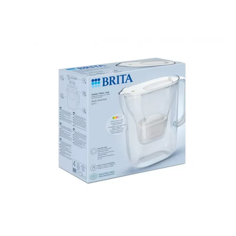 Wasserfilterkanne BRITA Style Essential — weiß, 1,4 l gefiltertes Fassungsvermögen, 2,4 l Tank, kompatibel mit MAXTRA+ Pro Kartuschen