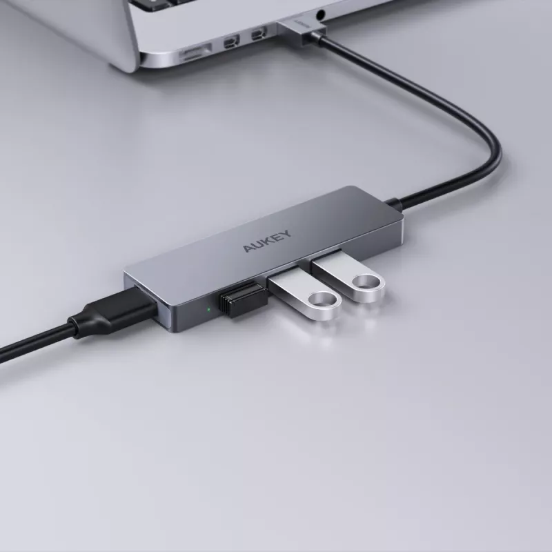 USB-Hub Aukey CB-H36 — 4-Port USB 3.2 Gen 1 Typ-A, Host USB 2.0, 5000 Mbit/s, Aluminium Silber