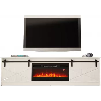 TV-Schrank mit elektrischem Kamin Cama Meble GRANERO Modell RTV GRANERO + KOM B/B, 200 x 56,7 x 35 cm, Weiß/Hochglanzweiß, 2 Türen, 2 Einlegeböden, MDF/Spanplatte