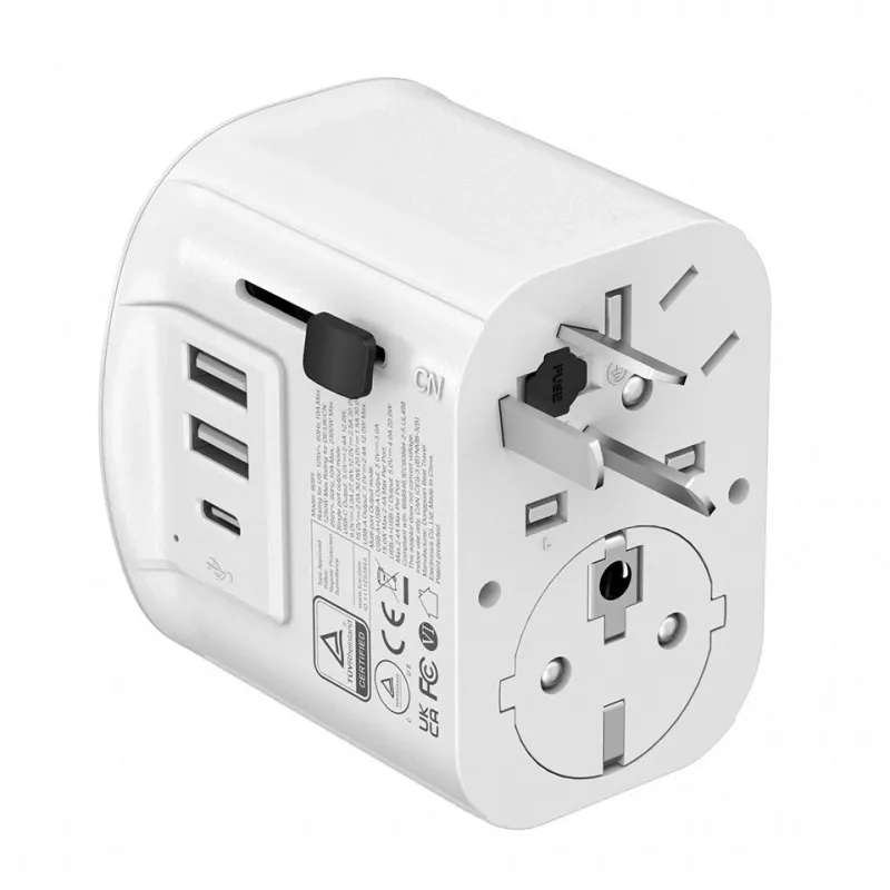 Reiseadapter GEMBIRD TPA-EU2A1C15-01-W – 15W, Typ-E-Stecker, 2× USB-A + 1× USB-C, 100–250V