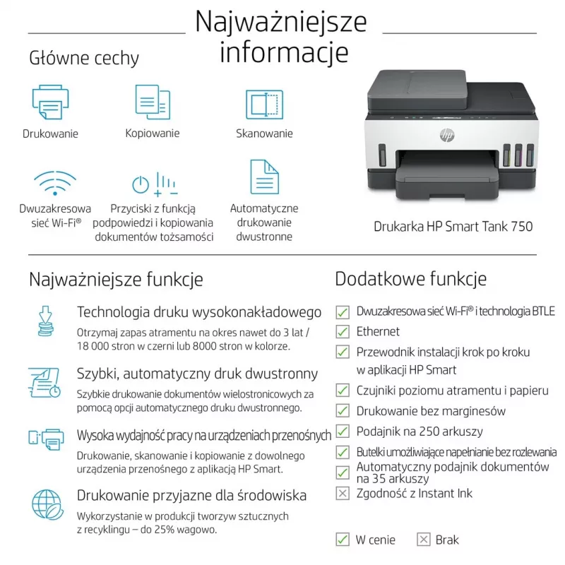 HP Smart Tank 750 Multifunktionsdrucker, Tintentank, Farbe, WLAN, Smart App, Duplex, ADF, automatischer Vorlageneinzug