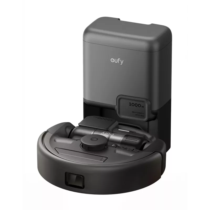 Roboter-Staubsauger Eufy E20 Schwarz — rund, Basisstation mit Staubbeutel, 150 Minuten Laufzeit, 35 cm Durchmesser