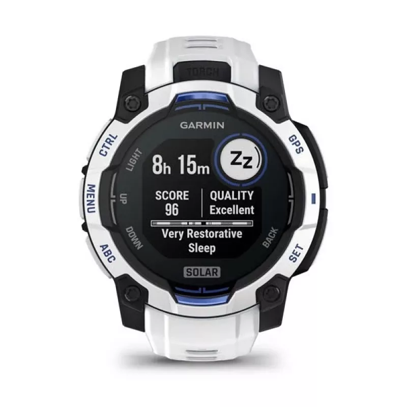 Smartwatch GARMIN Instinct 2 45 mm, MIP 0,9 Zoll (176×176), GPS, Solar, Silikonarmband Blau/Weiß