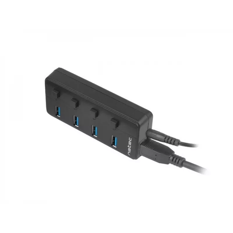 USB-Hub NATEC MANTIS USB 2.0 Type-B — 4x USB 3.2 Gen 1 Type-A Anschlüsse, schwarz, 0,8 m Kabel, Netzteil, Netzschalter