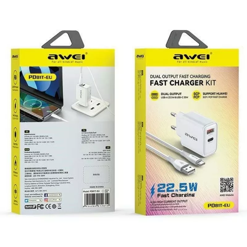 Awei Netzteil PD81T-EU 22,5W mit USB-Kabel und USB-C, weiß, GaN