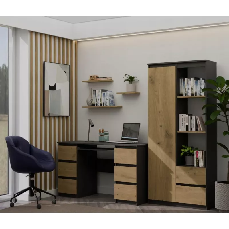 Top e Shop RS-80 BILY Bücherregal, anthrazitfarbener Rahmen, Artisan-Eiche-Tür, 7 Regale, 2 Schubladen, 1800×800×350 mm