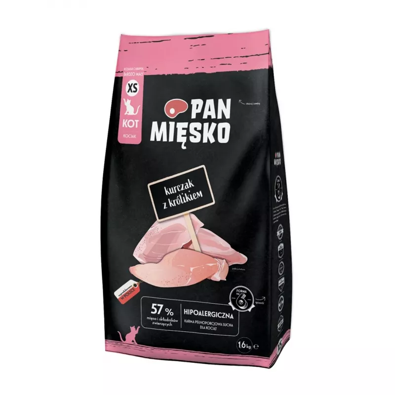 Trockenfutter für Katzen Pan Miesko mit Huhn und Kaninchen XS 1,6 kg — Kleine Bissen, für Jungkatzen, 39 % Protein