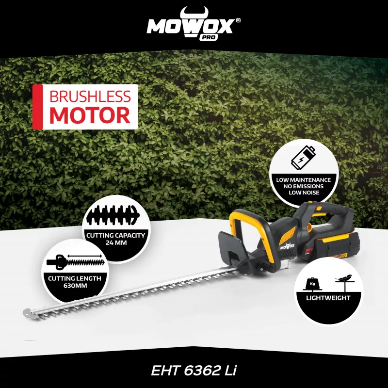Akku-Heckenschere MoWox EHT 6362 Li — handgehalten, drehbarer Griff, batteriebetrieben