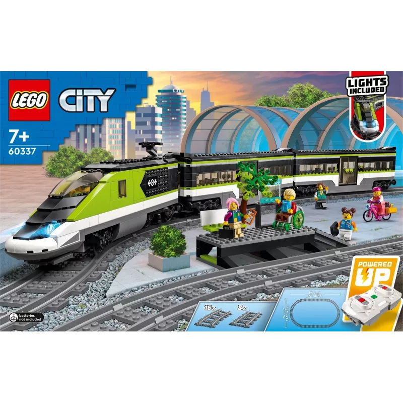 LEGO 60337 City Express Personenzug Set ferngesteuertes Spielzeug Geschenk für Kinder Jungen und Mädchen mit funktionierenden Scheinwerfern 2 Waggons und 24 Schienenteilen