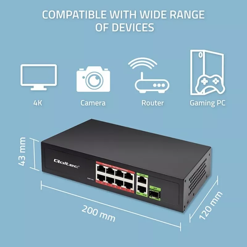 Ethernet Switch QOLTEC 52297 PoE RJ45 mit PoE-Uplink und SFP-Port
